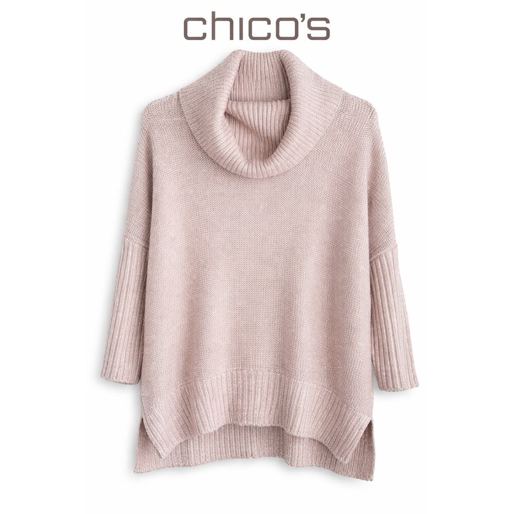 Chico's Cowl Neck Sweater Pink Metallic Knit‎ Size 0 small